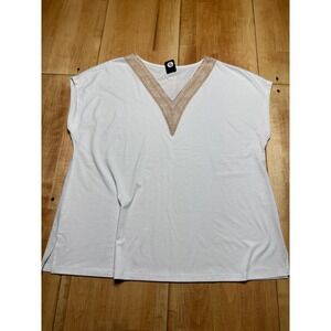 Womens Plus Size 2XL White V Neck Tunic Top Lace Trim Short Sleeve‎ Casual
